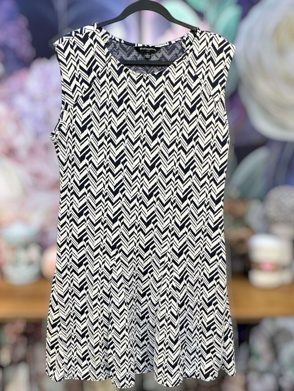 Sharagano 14 Chevron Sleeveless Shift Dress Navy White Geometric Mod 60s Indie